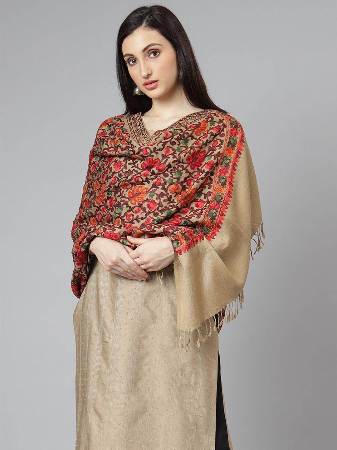 Zamour Women Brown & Red Embroidered Stole