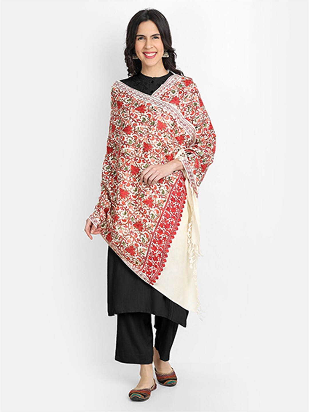 

Zamour Women Cream-Coloured & Red Embroidered Stole