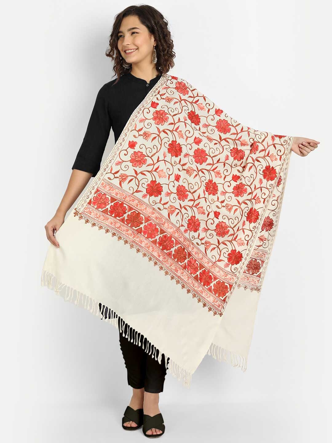 

Zamour Women Cream-Coloured & Red Embroidered Stole
