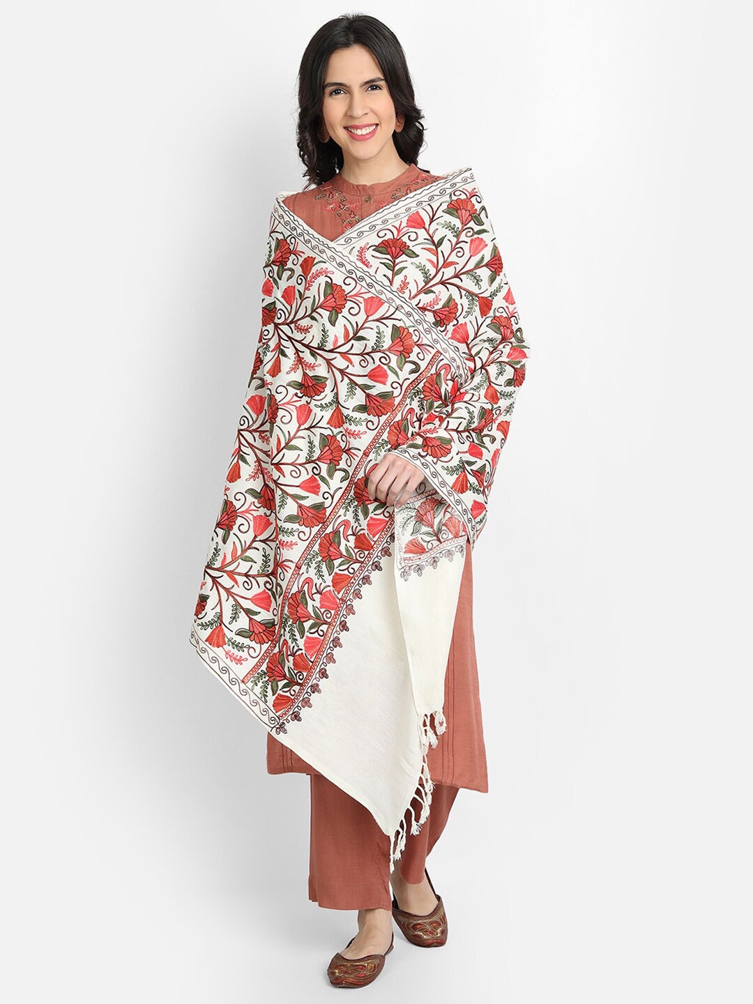 

Zamour Women Cream-Coloured & Coral Embroidered Stole