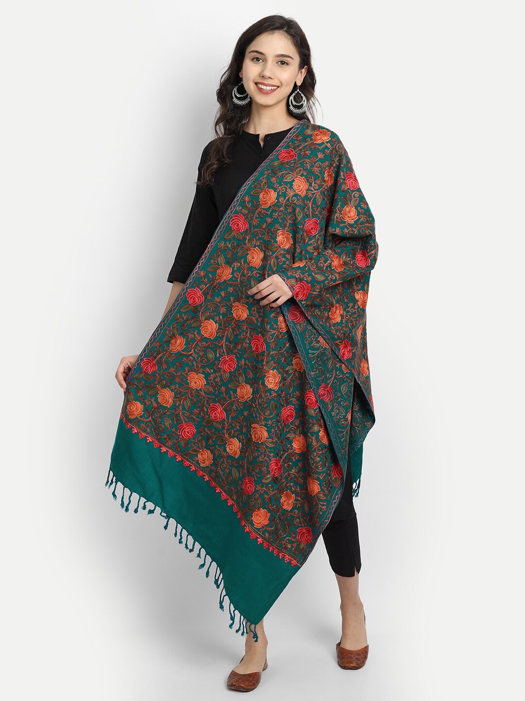 

Zamour Women Sea Green & Red Embroidered Stole