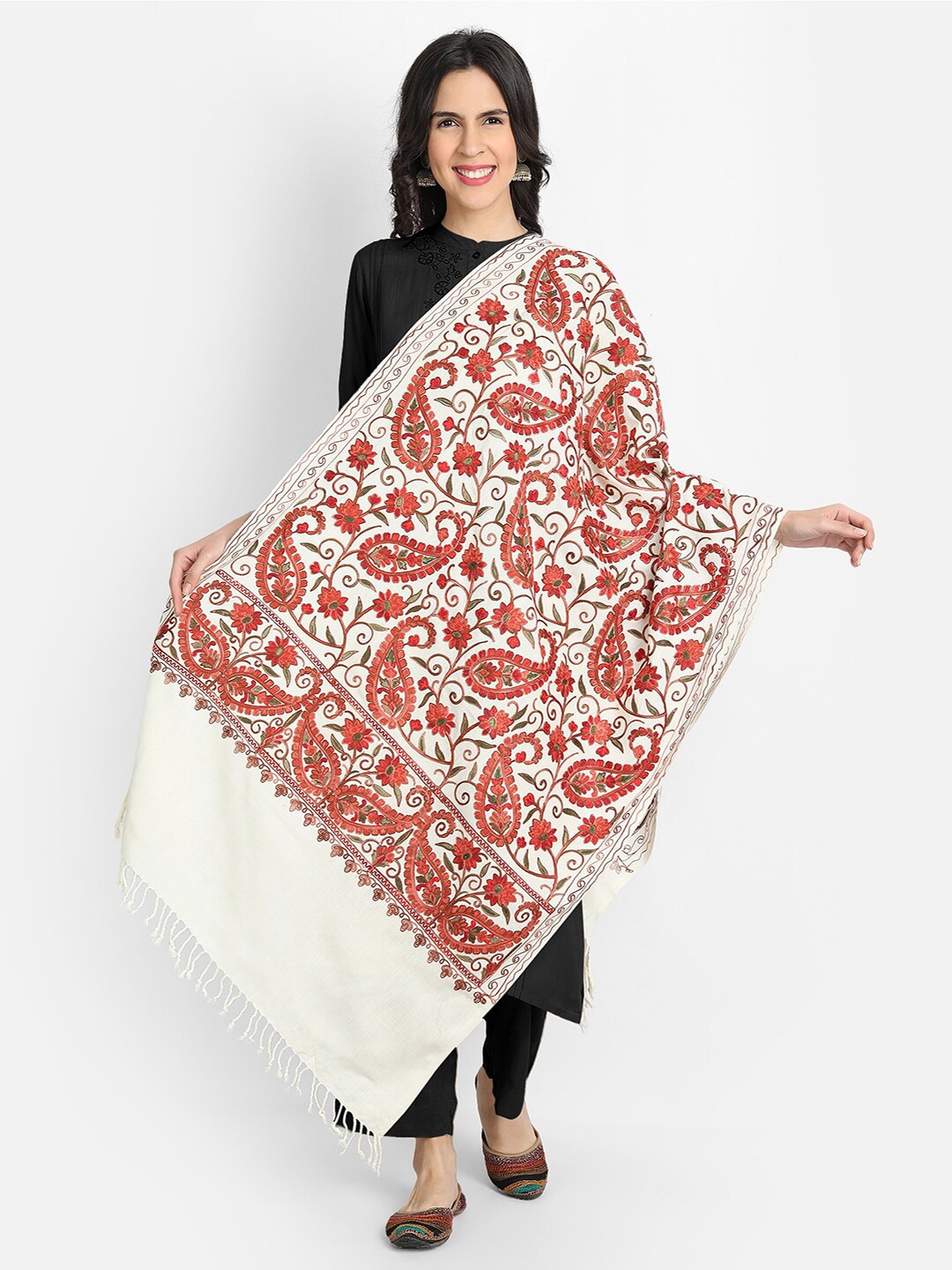 

Zamour Women Cream-Coloured & Red Embroidered Stole