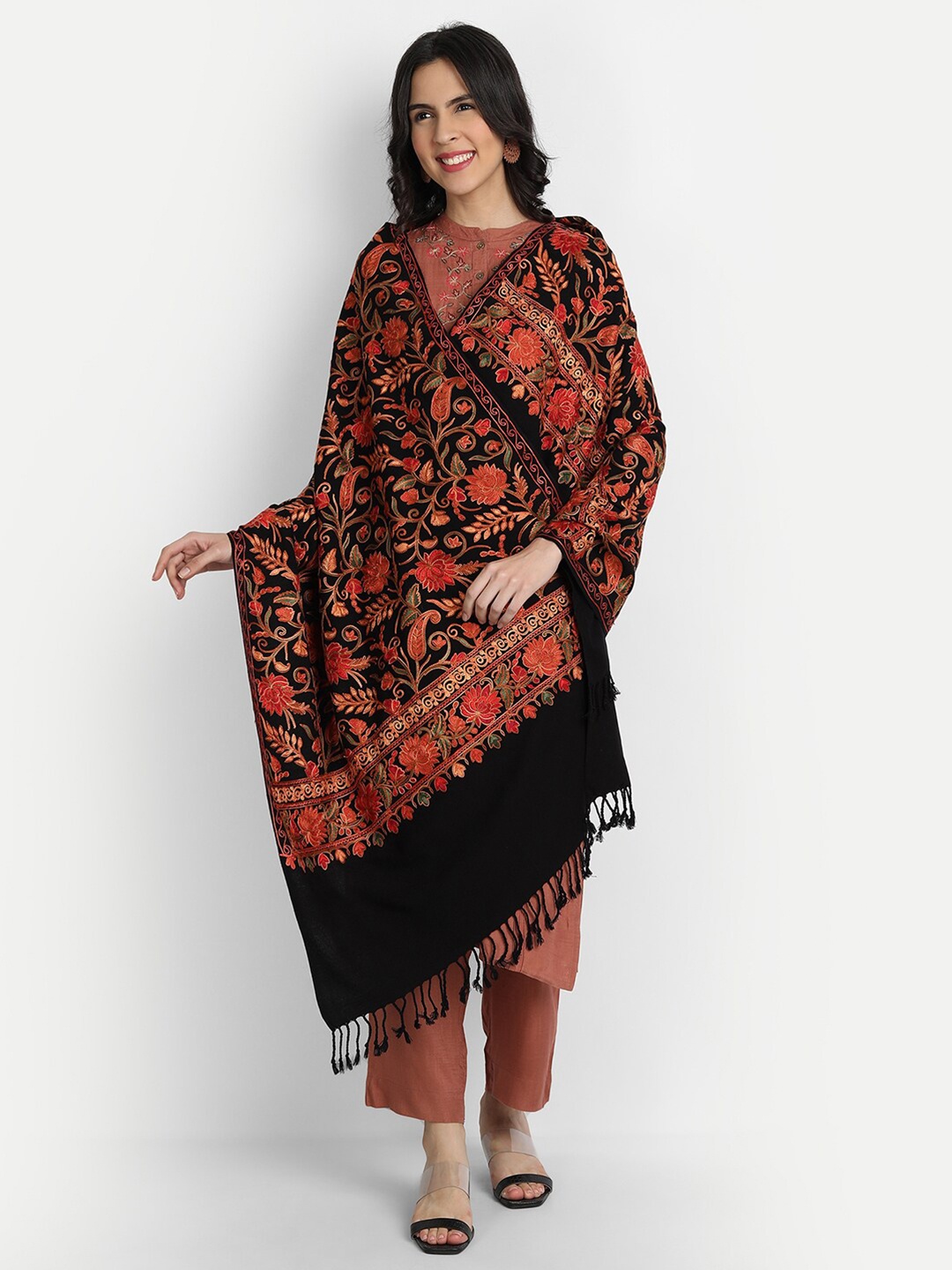 

Zamour Women Black & Orange Embroidered Stole
