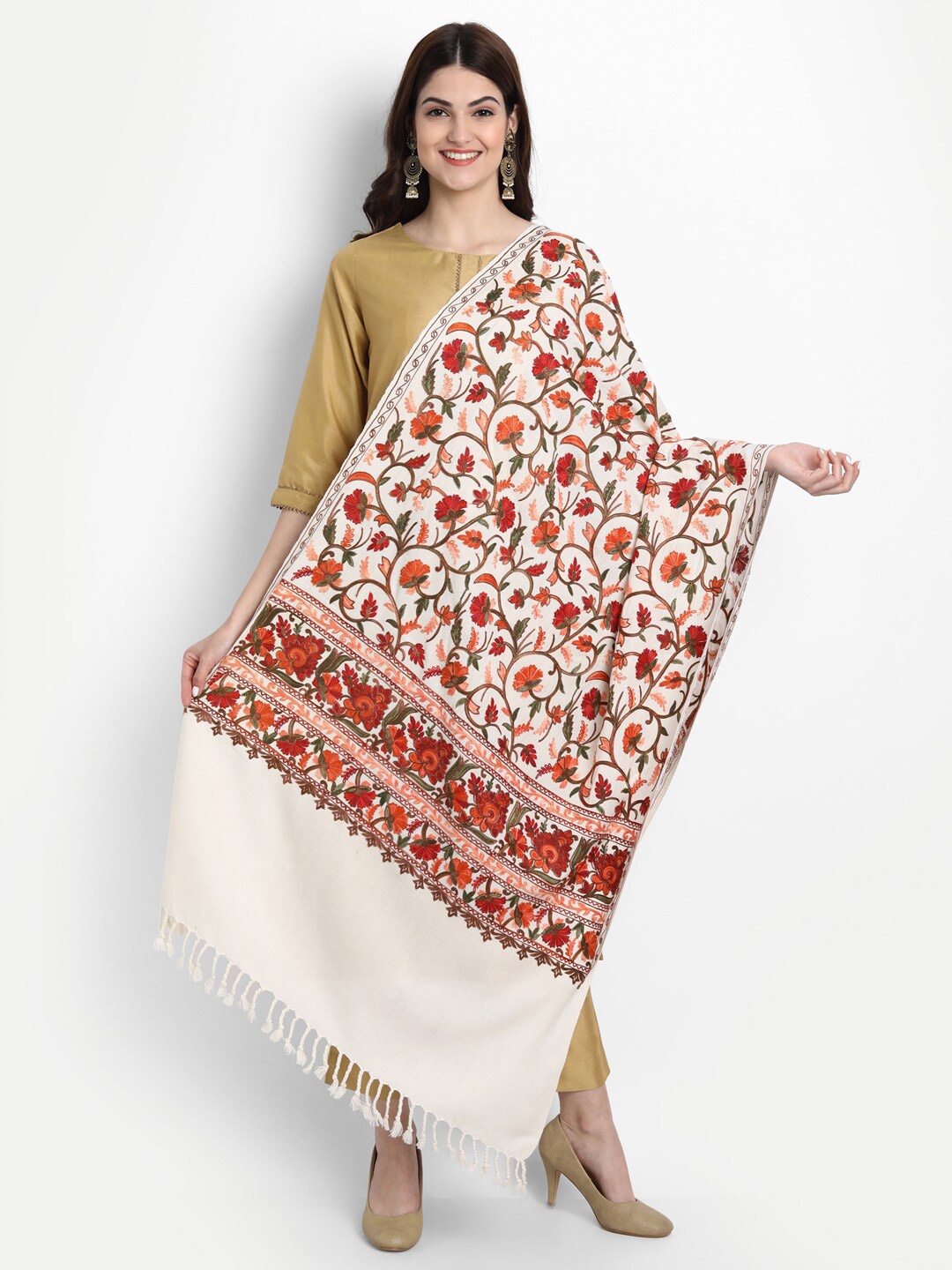 

Zamour Women Cream-Coloured & Red Embroidered Stole