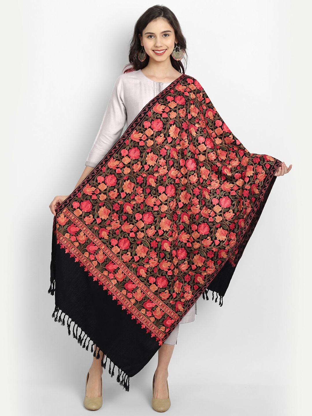 

Zamour Women Black & Orange Embroidered Stole
