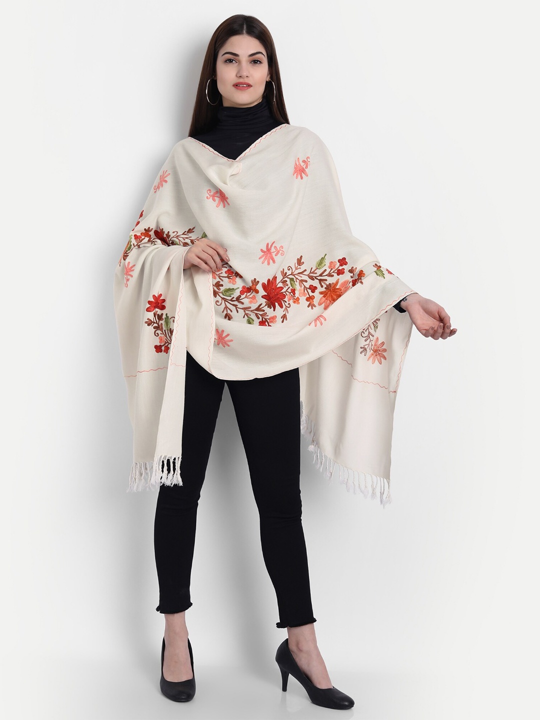 

Zamour Women White & Red Embroidered Stole