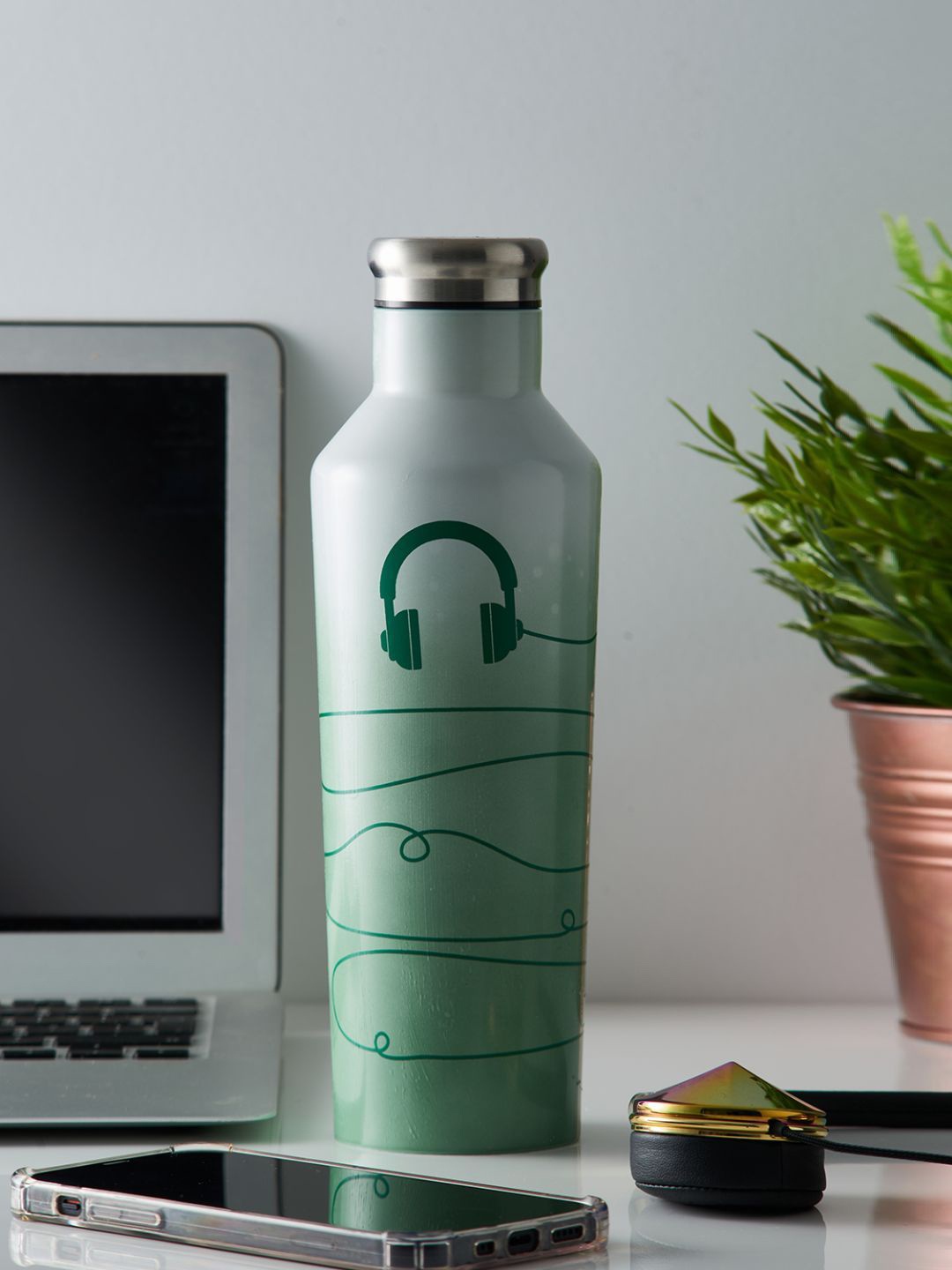 TYPHOON White and Green Printed Solid Double Wall Stainless Steel Water Bottle 800 ml