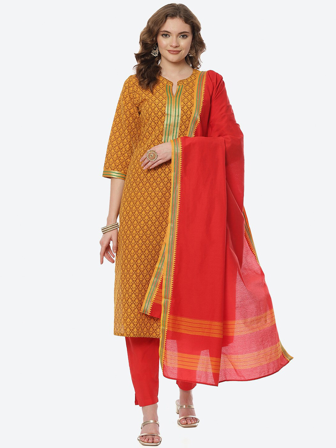 

Biba Women Yellow & Orange Printed Unstitched Dress Material