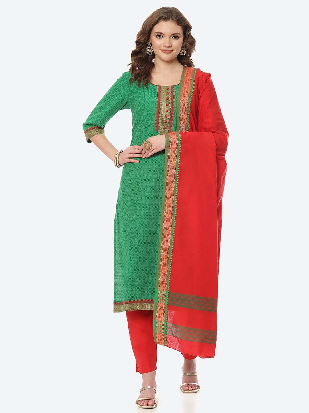 

Biba Women Green & Red Printed Unstitched Dress Material
