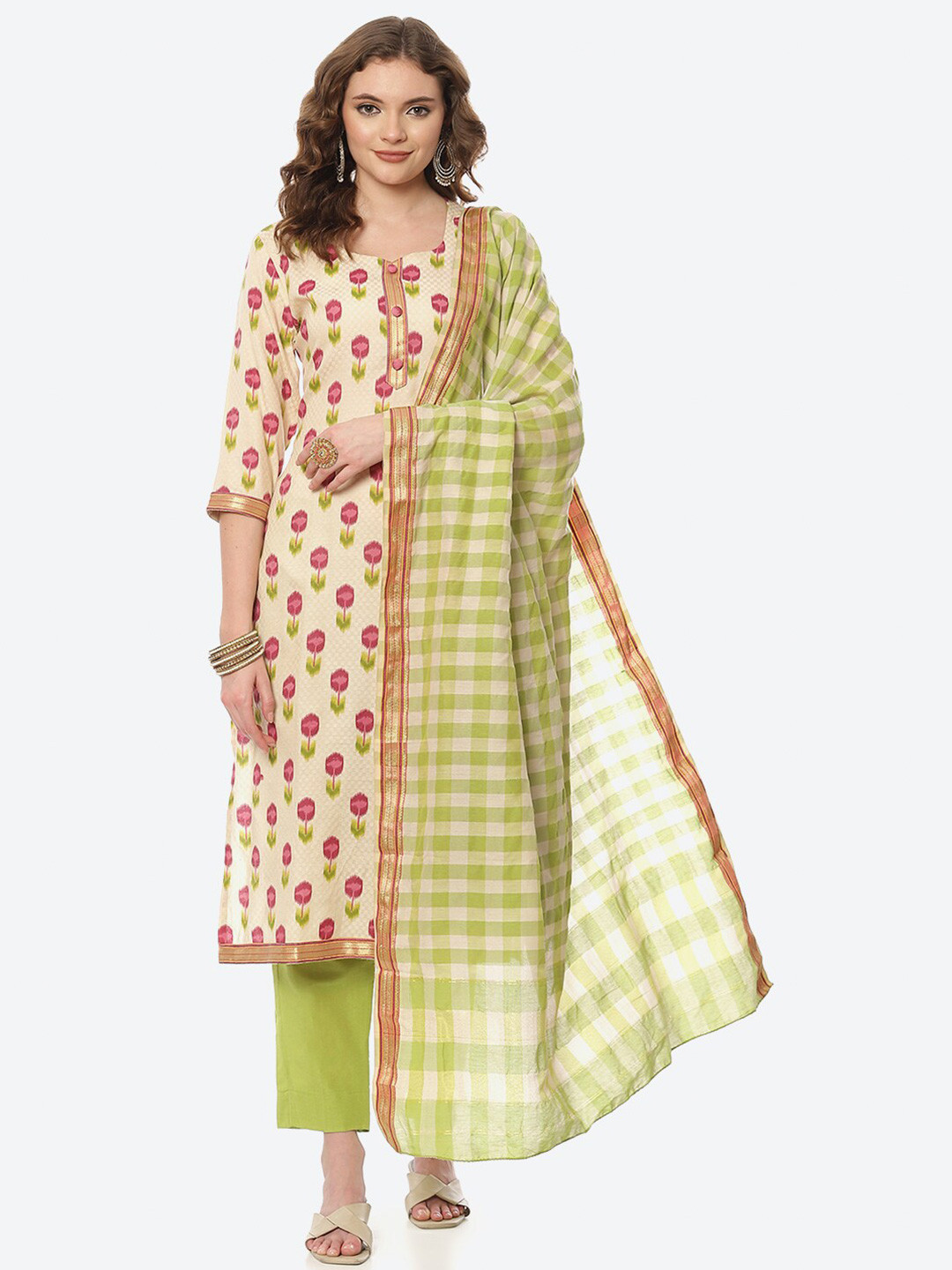 

Biba Off White & Green Printed Unstitched Dress Material