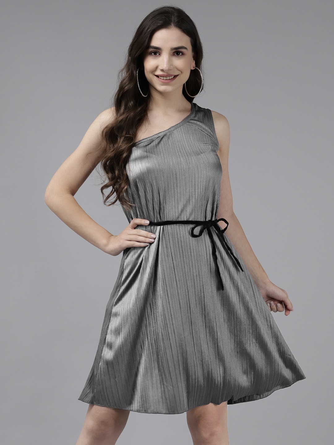 

Aarika Grey One Shoulder Georgette A-Line Mini Dress