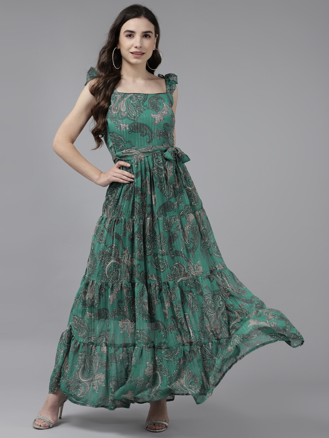 

Aarika Green & Black Ethnic Motifs Georgette Maxi Tiered Dress