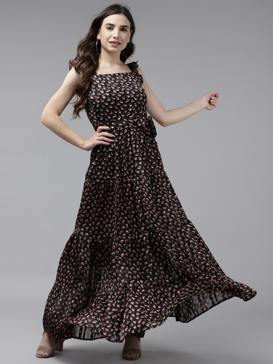 

Aarika Black & Red Printed Georgette Maxi Tiered Dress