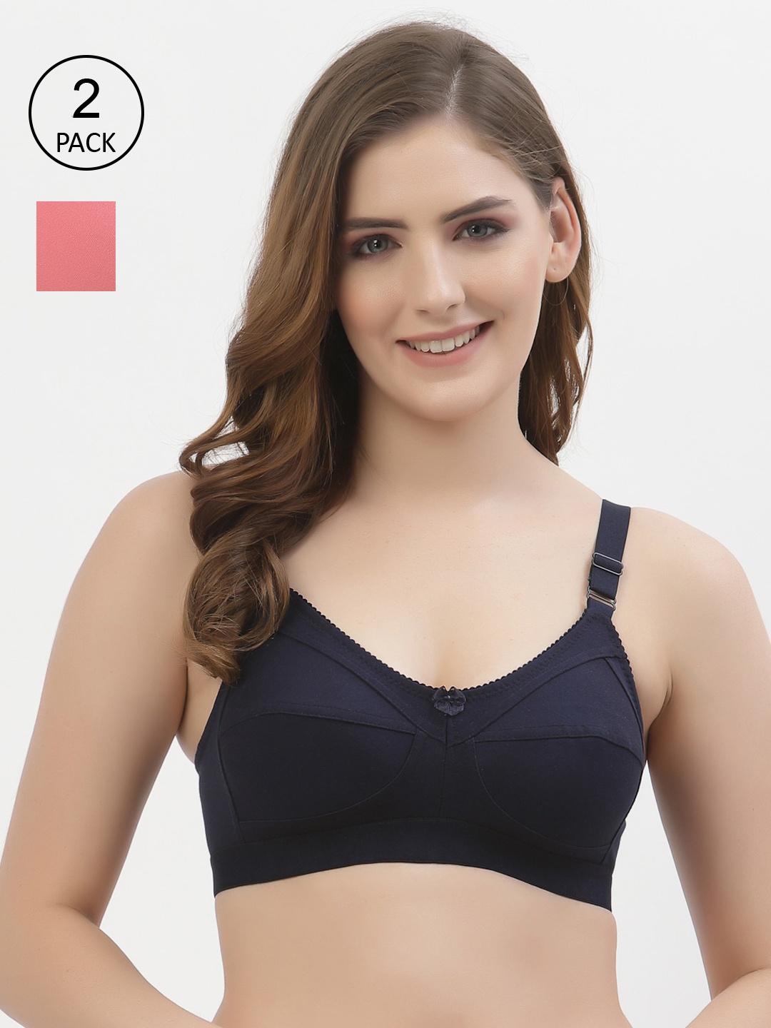 

Floret Pack of 2 Navy Blue & Rose Solid Full Coverage T-shirt Bra T3061_Navy-Rose_30B