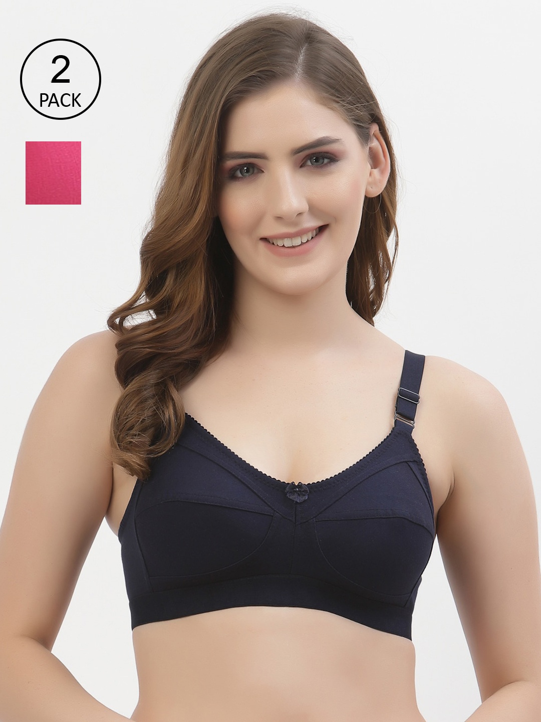 

Floret Set Of 2 Navy Blue & Magenta Non Padded & Non Wired Solid Bra