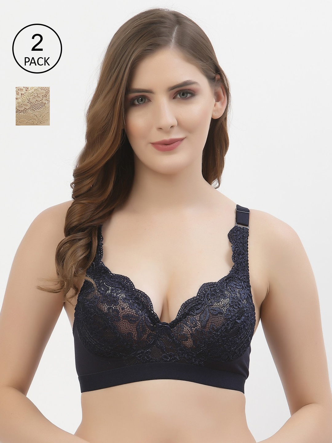 

Floret Navy Blue Floral Bralette Pack Of 2 Bra