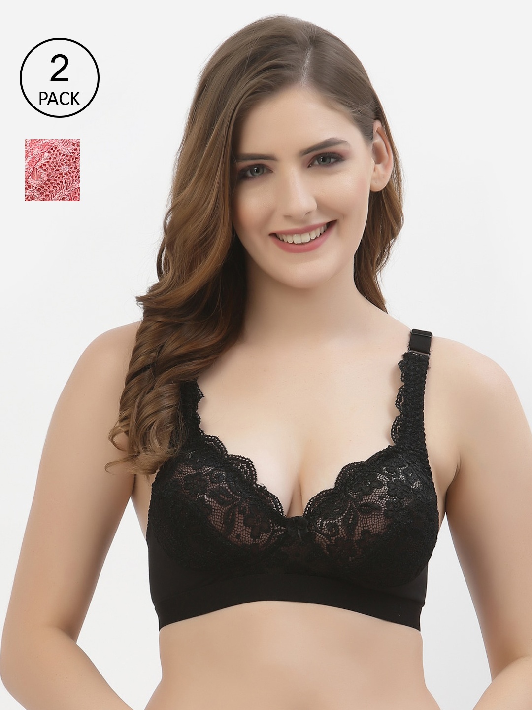 

Floret Women Pack Of 2 Black & Rose Non Padded Floral Bra