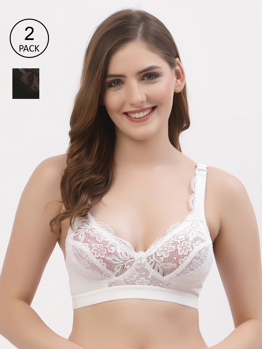 

Floret Women White & Black Set Of 2 Self Designed Non Padded Bra