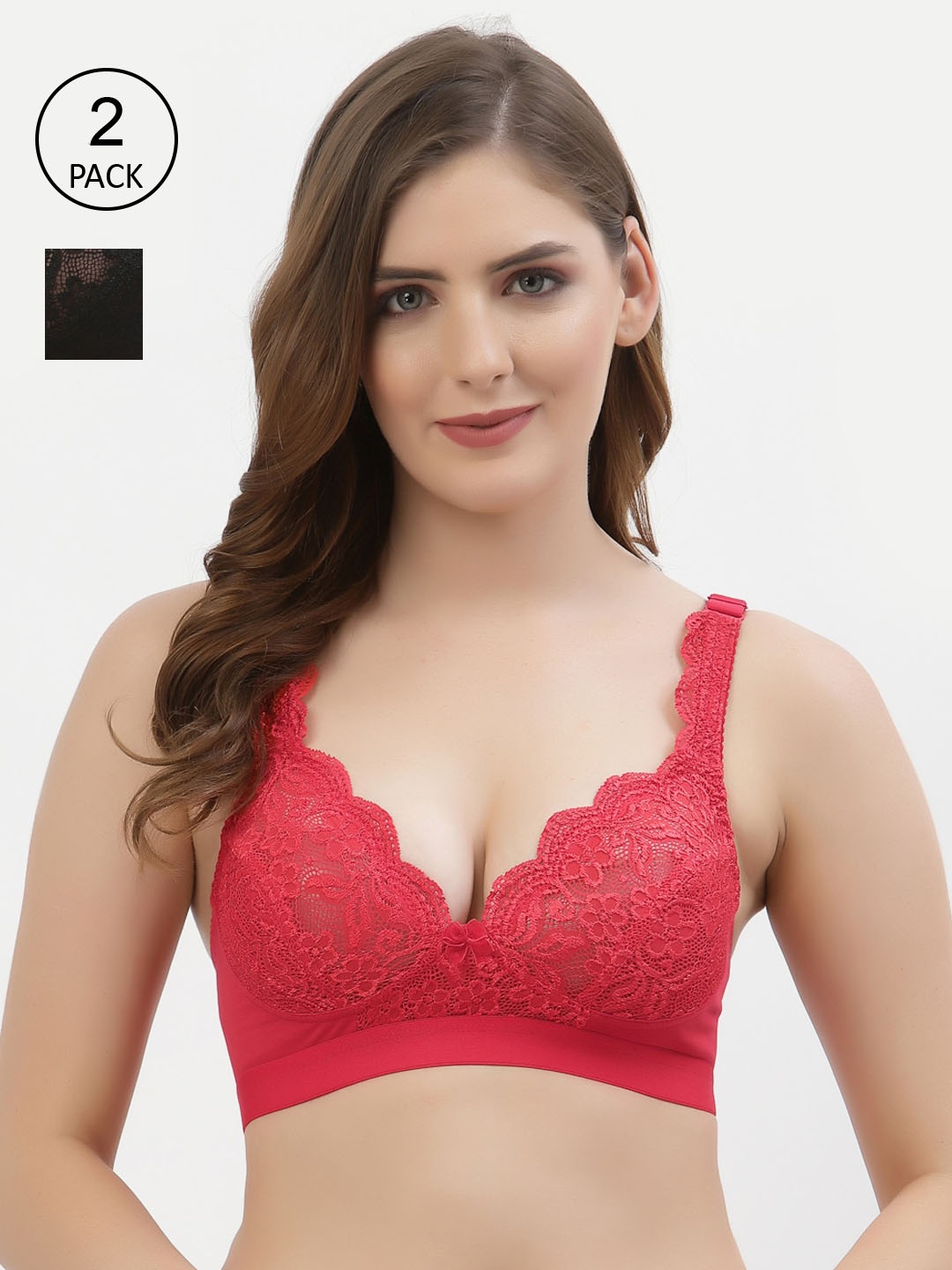 

Floret Women Pack of 2 Red & Black Floral Lace Bra