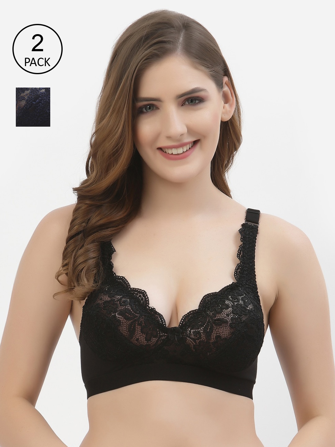 

Floret Set Of 2 Black & Navy Blue Non Padded & Non Wired Lace Bra