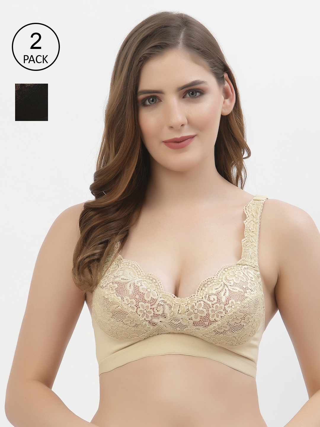 

Floret Women Pack of 2 Beige & Black Floral T-Shirt Bra