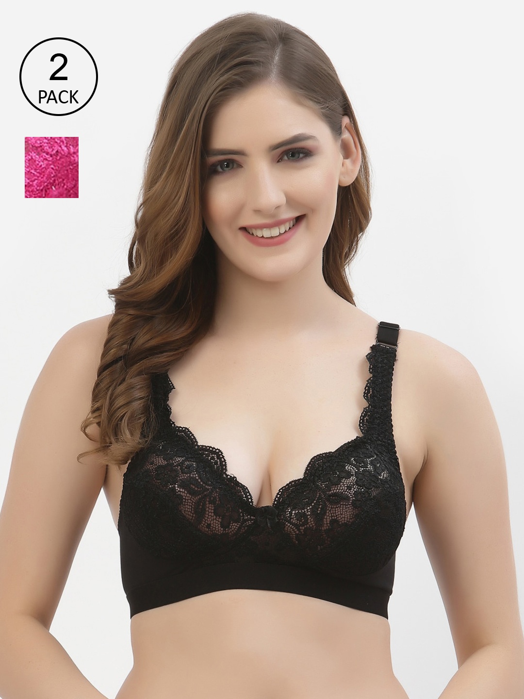 Floret Women Pack Of 2 Black & Pink Floral Bralette Bra