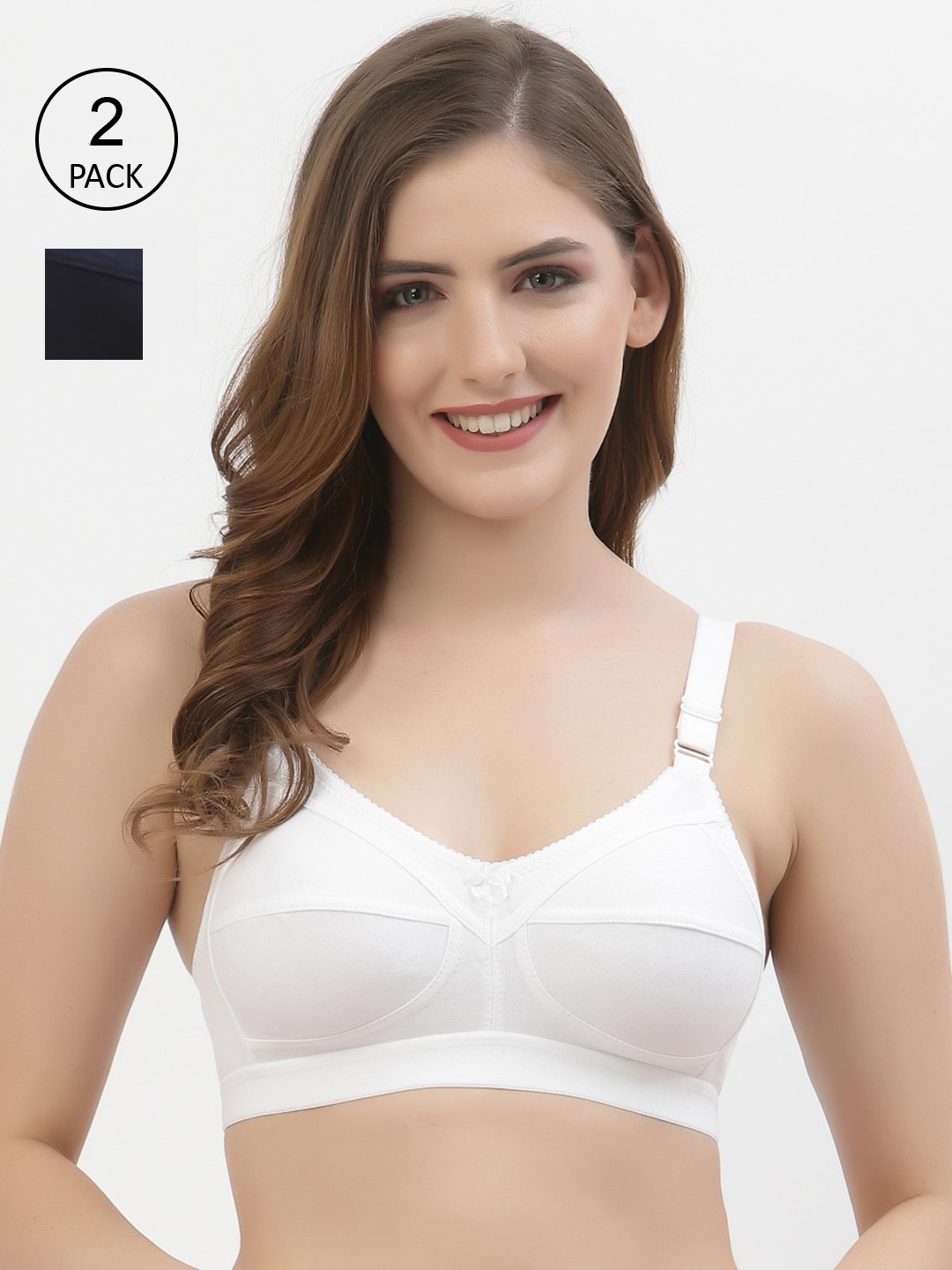 Floret White & Navy Blue Pack Of 2 Non Padded Bra