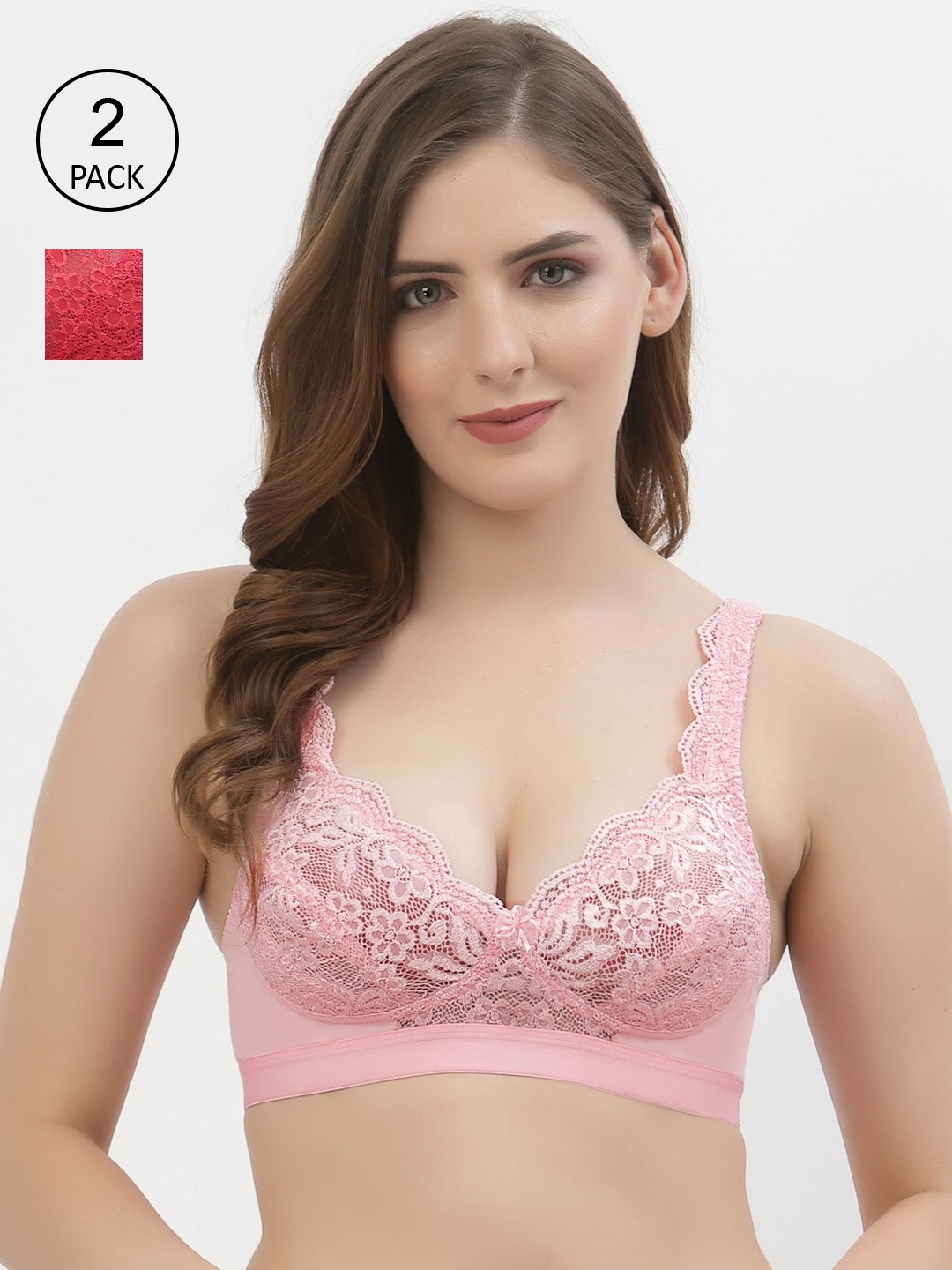 

Floret Set Of 2 Pink & Red Non Padded & Non Wired Lace Floral Bra