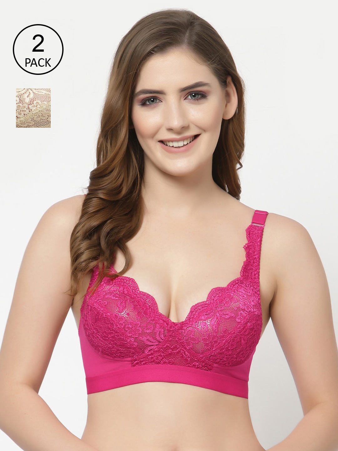 

Floret Magenta & Beige Floral Lace Bra Pack of 2