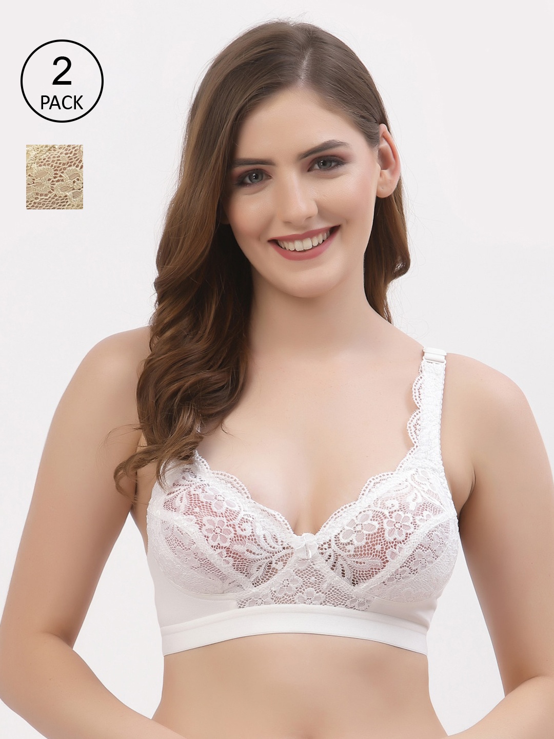 

Floret Pack of 2 White & Beige Floral Cotton Non-Wired Cut & Sew T-shirts Bra T3071