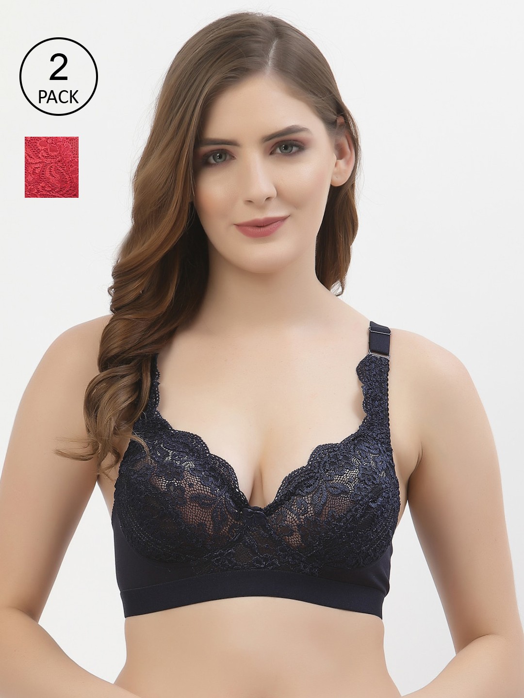 

Floret Navy Blue & Red Floral Lace Bra Pack of 2