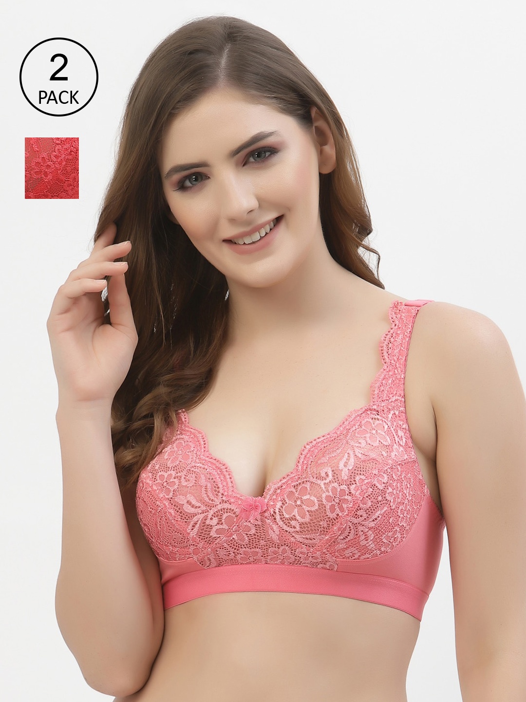 

Floret Women Pack Of 2 Rose & Red Floral Non padded Bra