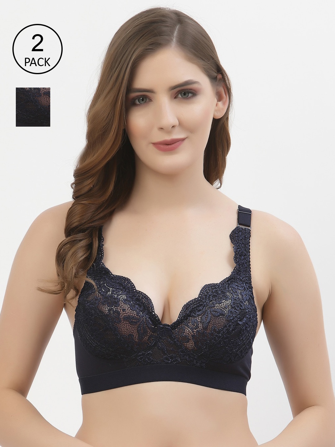 

Floret Women Pack Of 2 Floral Lace Bra, Navy blue
