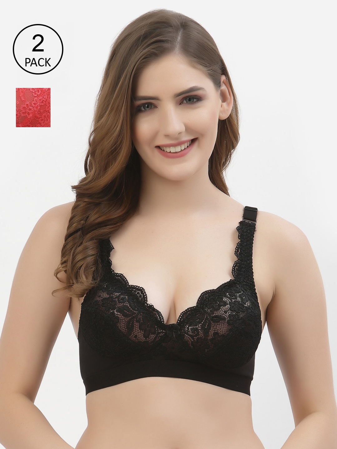 

Floret Pack of 2 Black & Red Floral Bra