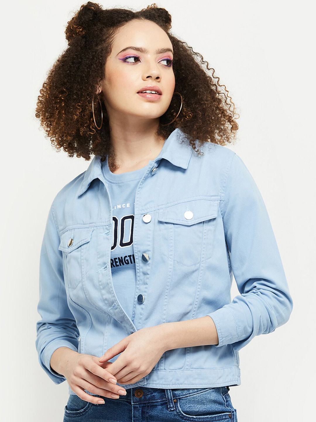 

max Women Blue Washed Windcheater Crop Denim Jacket