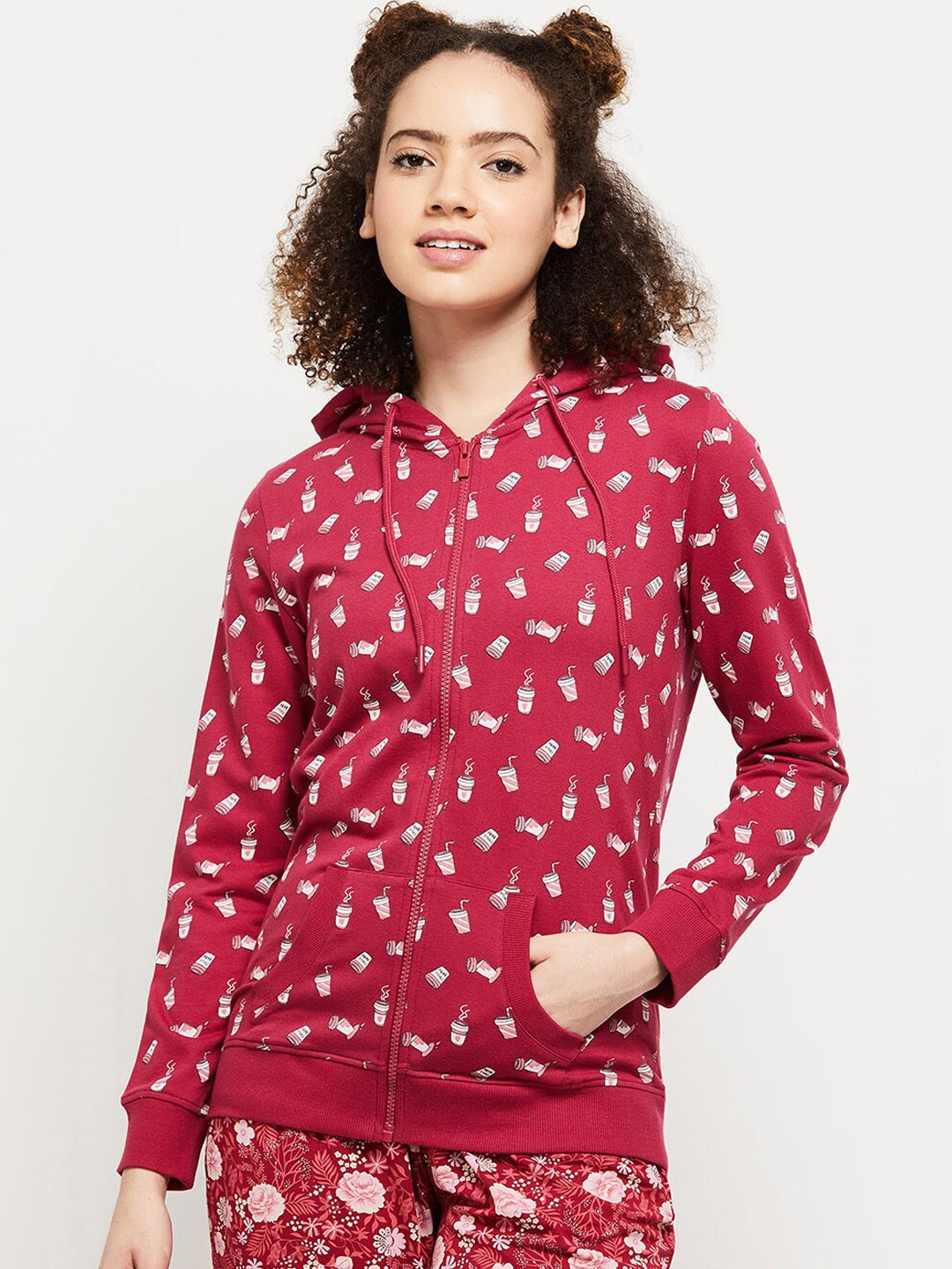 max Women Red Printed Hooded Sweatshirt