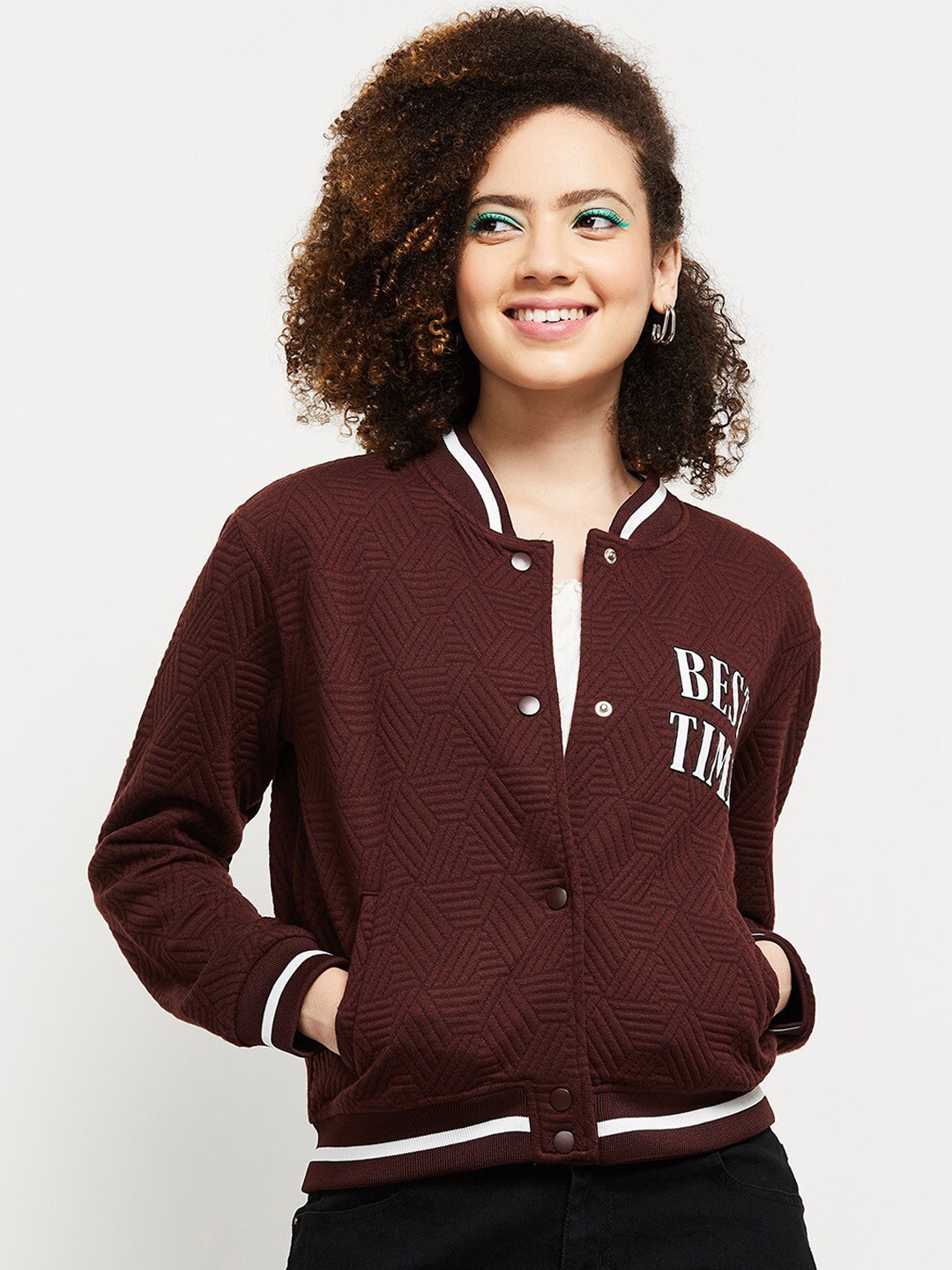 

max Women Brown White Windcheater Varsity Jacket