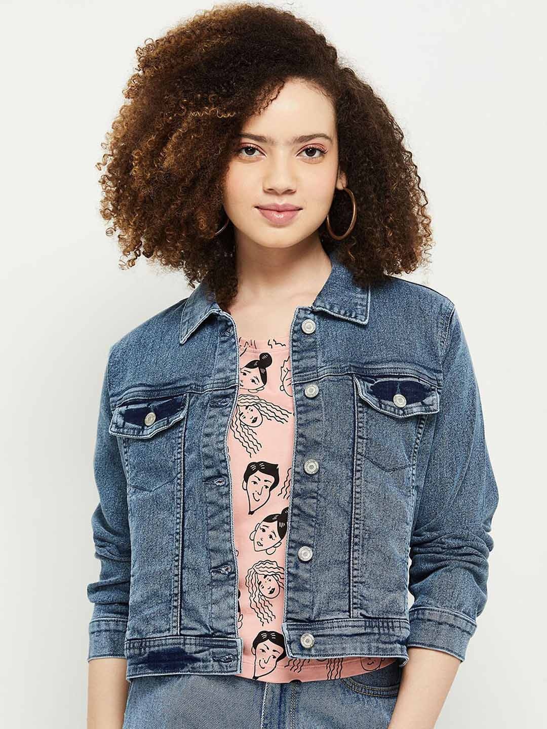 

max Women Blue Washed Windcheater Crop Denim Jacket