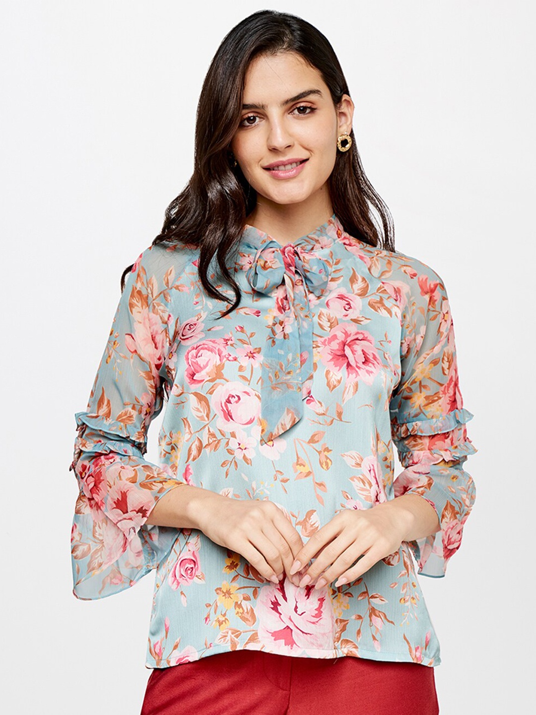 

AND Women Blue & Red Floral Print Tie-Up Neck Top