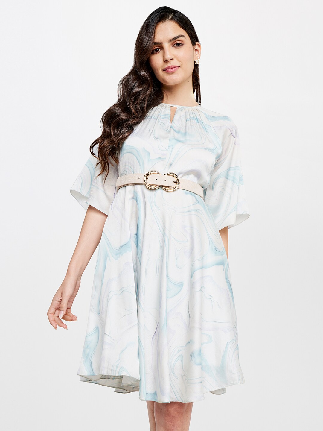 

AND Women White Abstract Print Keyhole Neck Dress