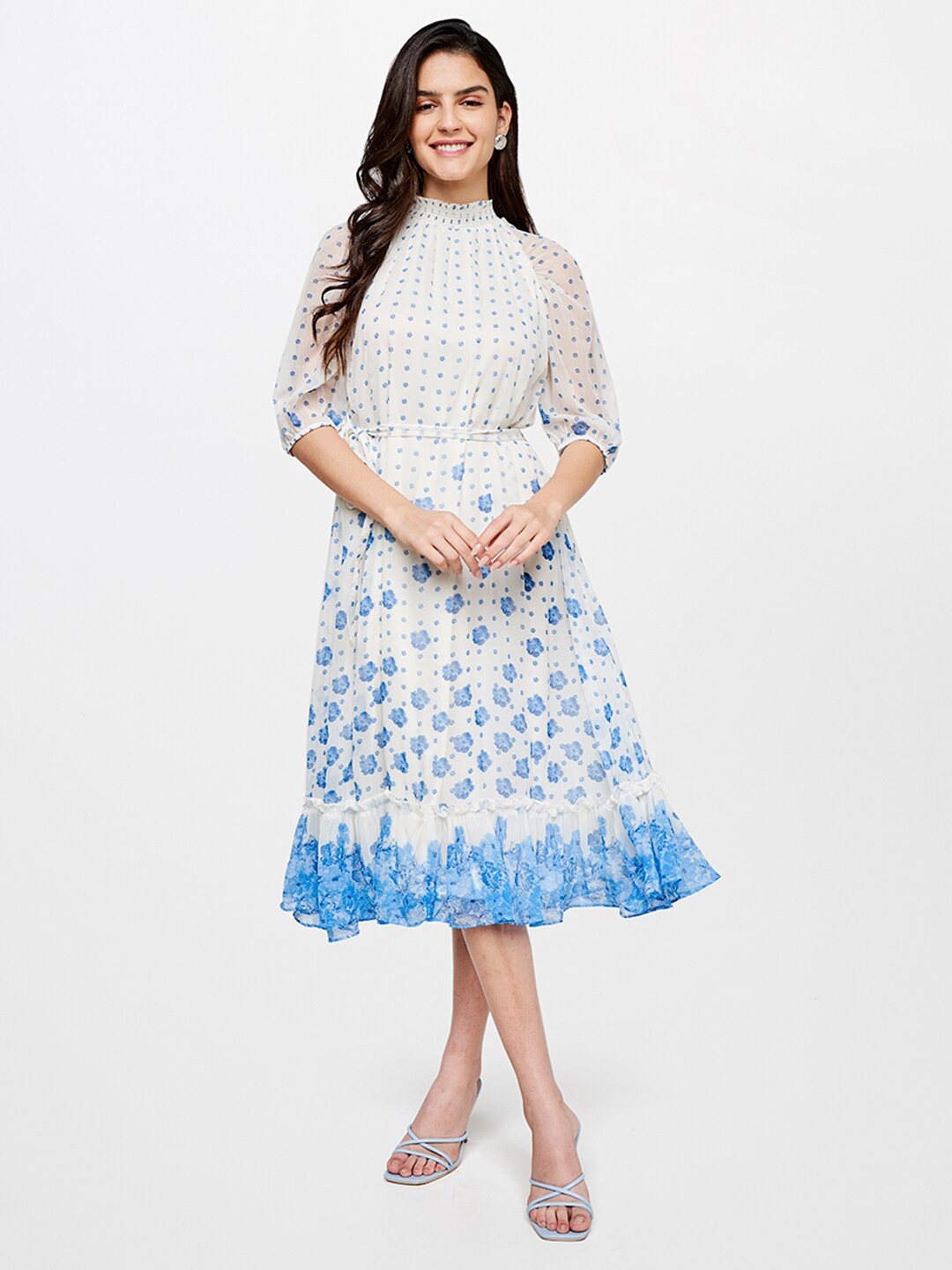 

AND Women White & Blue Floral Print Dress