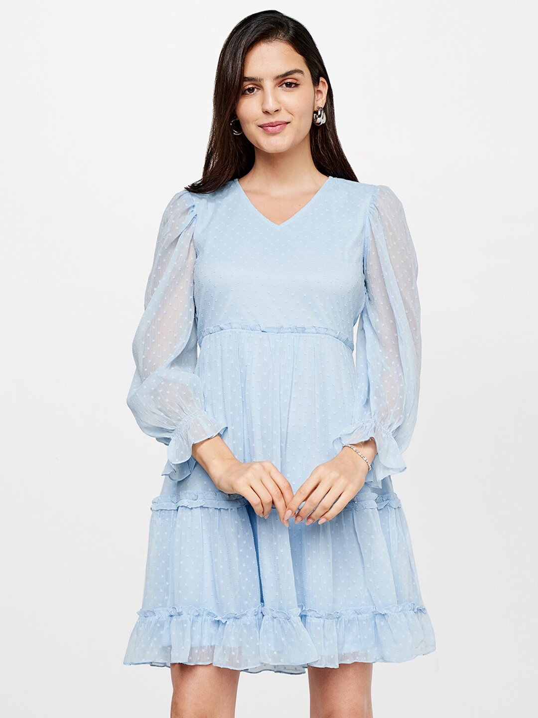 

AND Women Blue Polka Dots Puff Sleeves V Neck Fit & Flare Dress