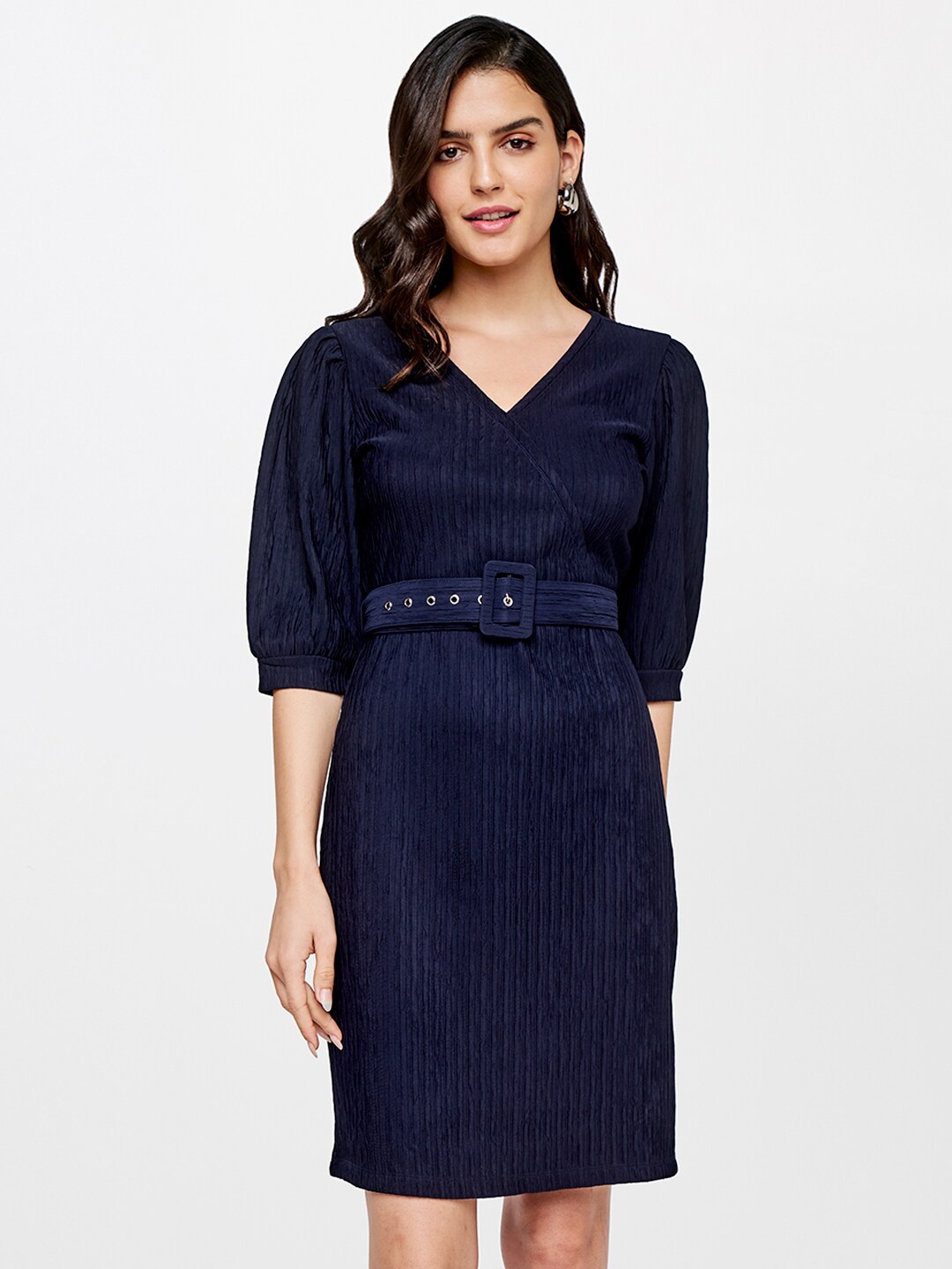 

AND Women Blue Belted V Neck Sheath Dress
