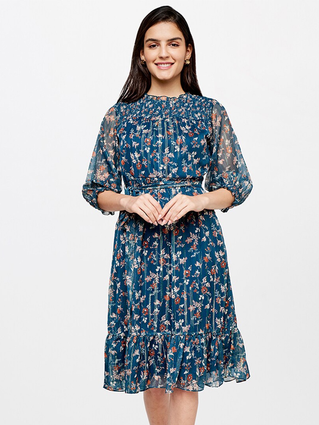 

AND Blue Smocked Floral Dress