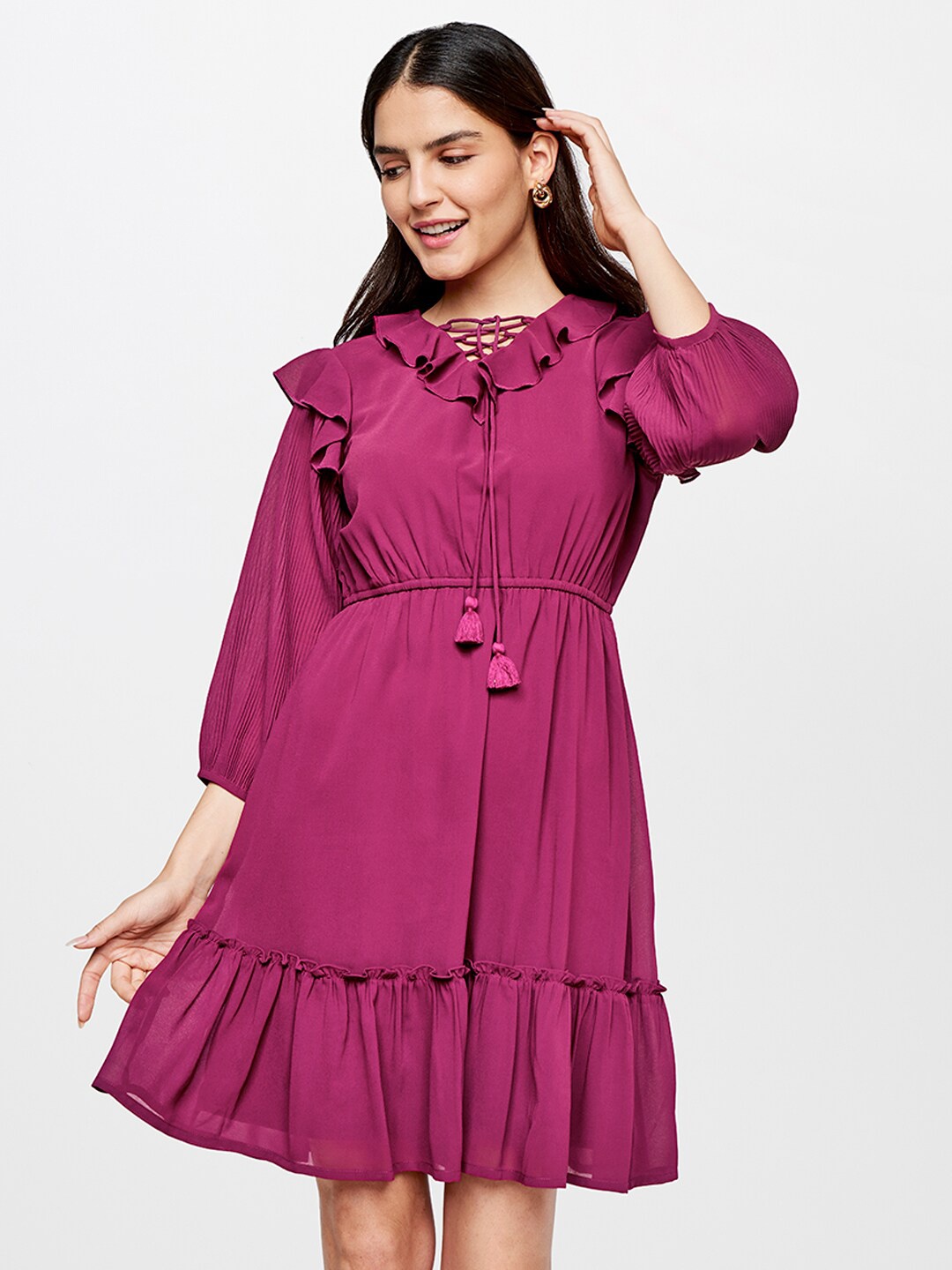 

AND Women Pink Tie-Up Neck Dress