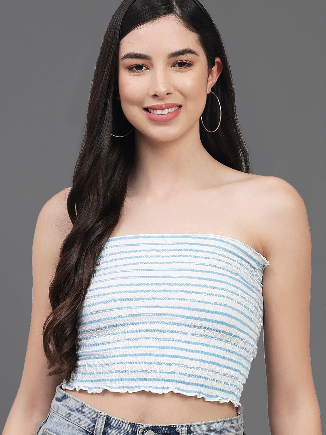 

ADDYVERO Women Blue & White Striped Crop Top