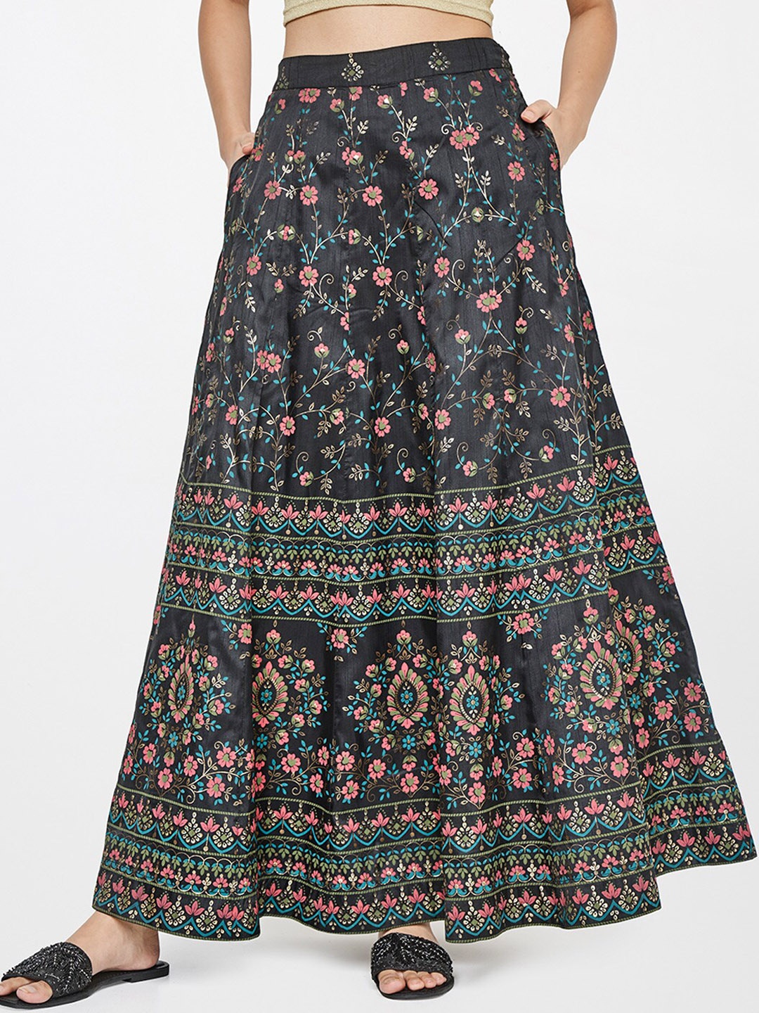 Global Desi Women Black Printed A-line Maxi Skirt
