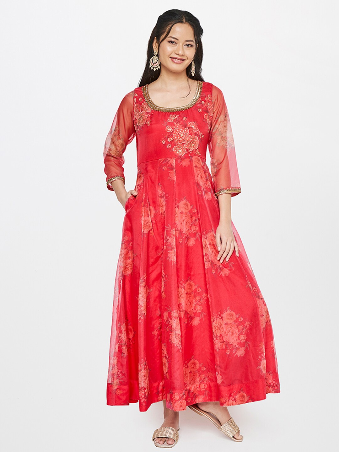 

Global Desi Women Red Floral Blouson Dress