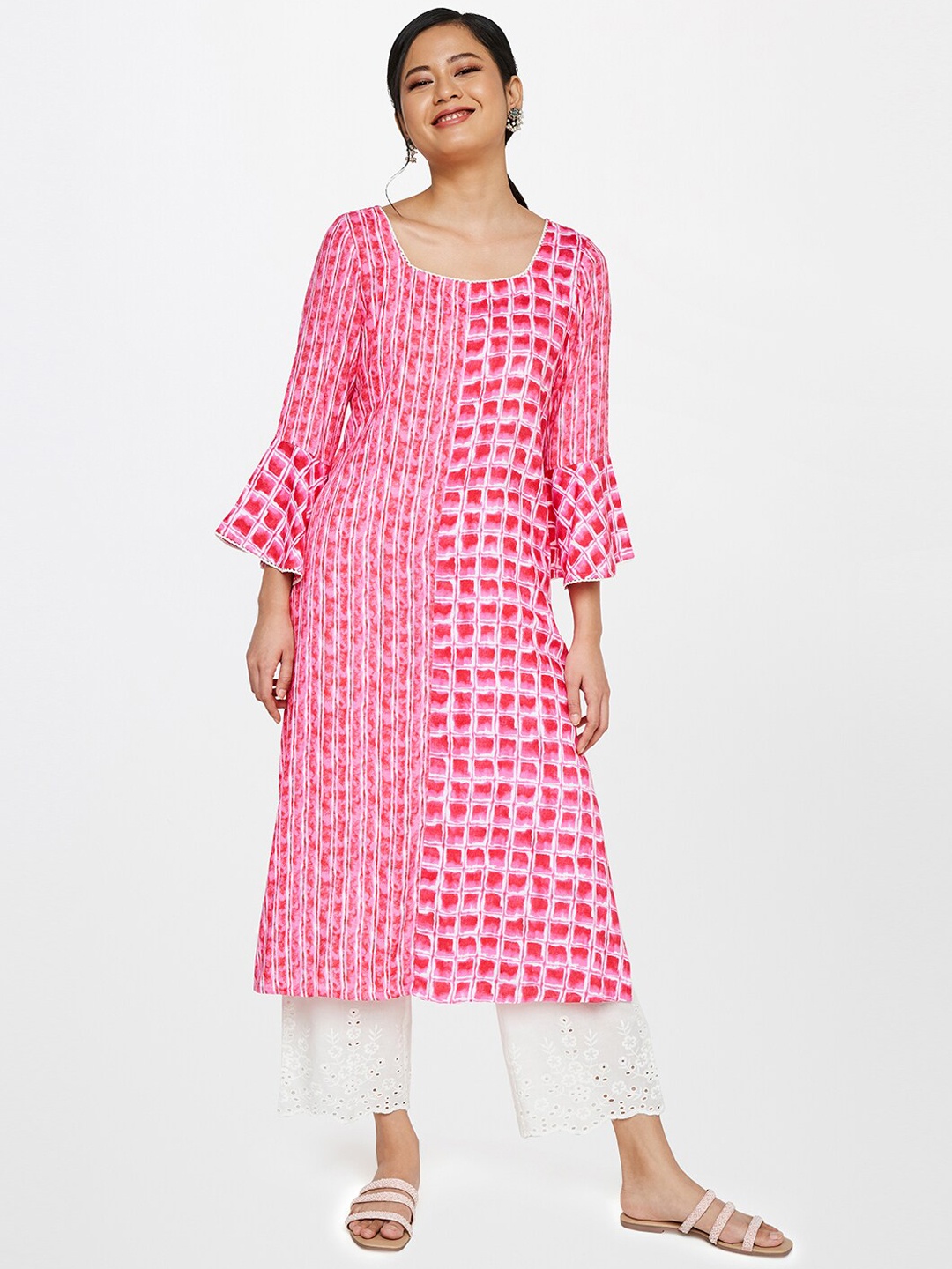 

Global Desi Women Pink Geometric Checked Bell Sleeves Kurta