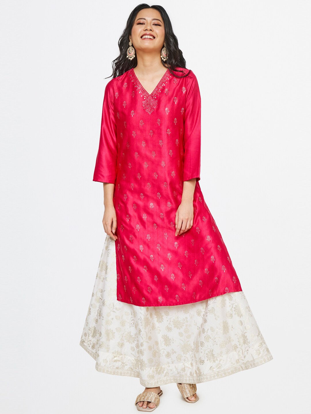 Global Desi Women Pink & White Ethnic Motifs Anarkali Kurta